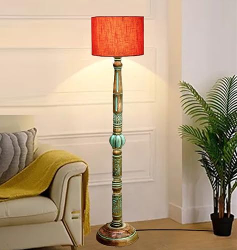 Handcrafted Wooden Floor Lamps Set with Fabric Drum Shades –