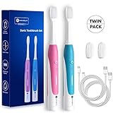 [Twin Pack] Electric Toothbrush with Soft Silicone Bristles for Kids and Adults, MAYBUY Travel USB Rechargeable Sonic Toothbrushes with Smart Timer