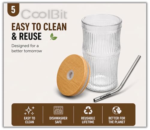 Image of COOLBIT 350ml Glass Tumbler with Bamboo Lid & 4 PCS Stainless Steel Straw+Cleanig Brush, Reusable Ribbed Drinking Glass Cup for Coffee, Juice, Smoothies & Water.