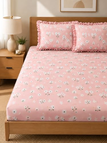 Image of King Size Fitted Bedsheet with 2 Frill Pillow Covers (FrillPinkF, Queen Size-60x78)
