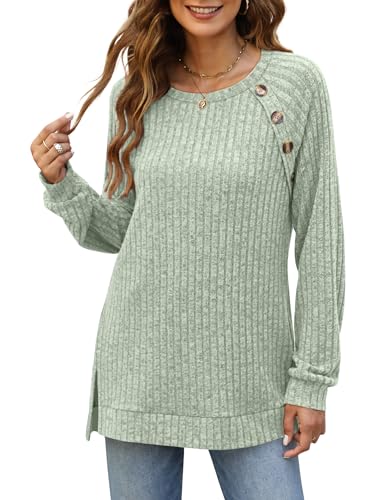 Image of Bofell Long Sleeve Shirts for Women Lightweight Button Decor Tunic Tops Side Split