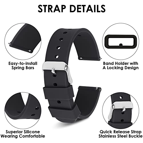 Cobee Uhrenarmbänder aus Silikon, Wasserdichte Weiche Gummi-Ersatzriemen mit Schnellverschluss mit versilberter Edelstahlschnalle (18mm-Schwarz)