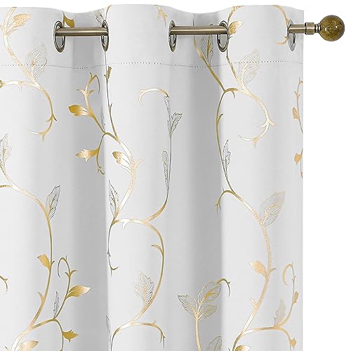 BUHUA Blackout Curtains Gold Foil Print Flower Vine Grommet Drapes, Room Darkening Thermal Insulated Curtains, Noise Reducing Blackout Curtain for Bedroom, Greyish White, 38Wx84L, 2 Panels by BUHUA - Used condition - US$17.50