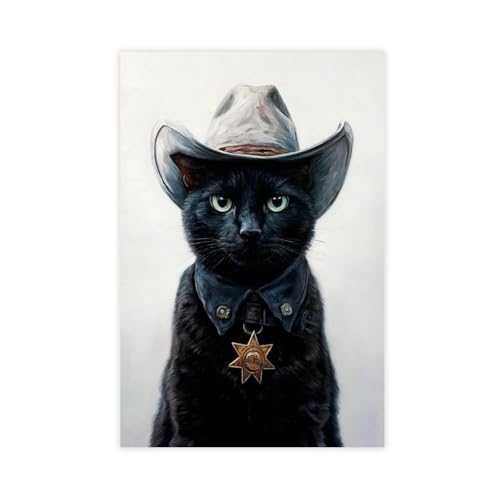 Peinture à l'huile chat noir cowboy pour habiller un grand mur vide de salon 61x91