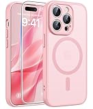 FNTCASE for iPhone 15 Pro Case: Strong Magnetic Phone Case with Screen Protector | Translucent Matte Slim Shockproof Protective Drop Protection Phone Cover(Light Pink)