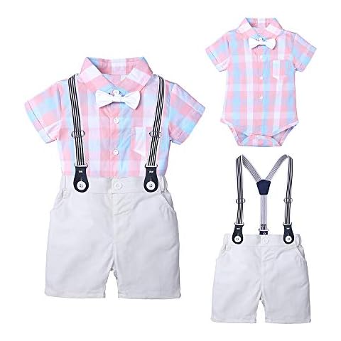 Baby Boys Short Sleeve Bodysuit Outfits Set, Infant Bowtie Gentleman Suit Shirt Onesies + Bib Shorts Cover