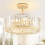 WJShome Chic 4-Light Modern Crystal Chandelier - 15' Gold Round Semi Flush Mount Ceiling Light Fixture for Luxurious Kitchen, Dining Room, Bedroom & Living Room Ambiance!