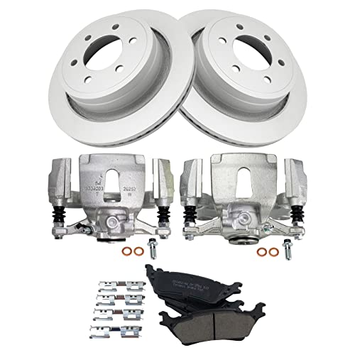 Image of TRQ Rear Brake Pad, Caliper, & Rotor Kit Ceramic Vented Premium G-Coated Compatible with 2015-2018 Ford F-150