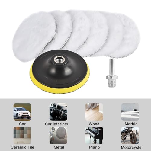 Image of STHIRA 5Pcs Wool Polishing Pad Set with Drill Backing Plate, 5'' Wool Buffing Pads for Car Detailing, Waxing, Paint Correction and Mirror Finish