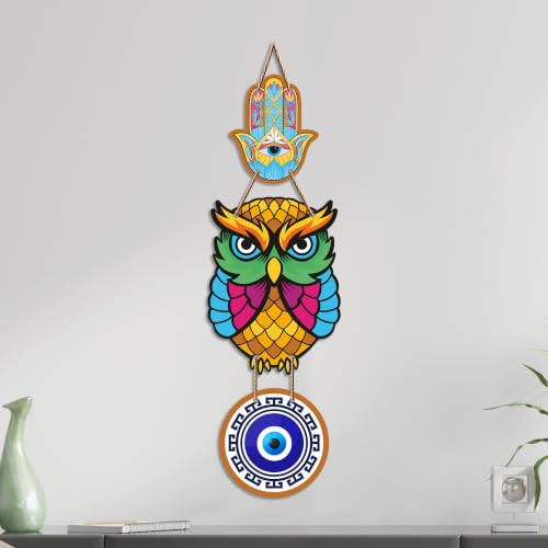 Image of Artvibes Owl Evil Eye Nazar Protection Wall Hanging for Home Entrance | Decorative MDF Vastu Wall Art | Lucky Charm Decor for Bedroom | Living Room | Balcony | Office & Main Door (WH 8522N)