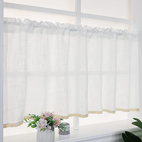 ArtisticHome Semi-sheer Short kitchen 24 Drop Curtains, White Country Style Bistro Curtains, Vintage Crocheted Handmade Cotton linen Cafe Curtain