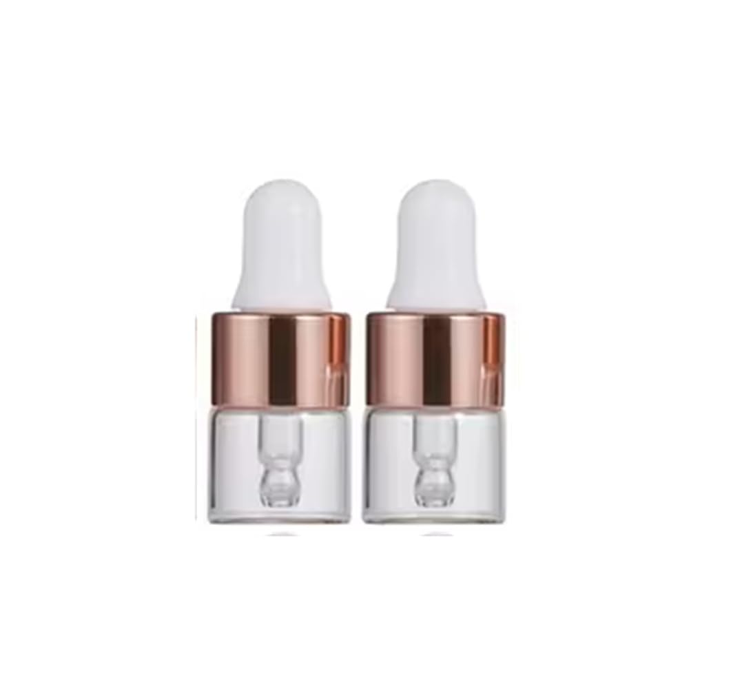 CMJ™ 2 x 1ml Tiny CLEAR Glass Bottles Ear Eye Drops Pipette Dropper Rose Gold Lid Aromatherapy Empty (Two Bottles)