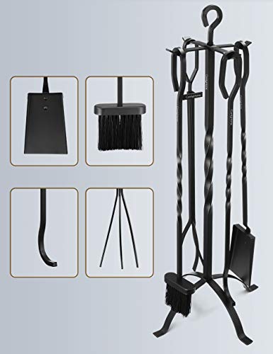 image for COMFYHOME 5 Pieces Fireplace Tool Set, Wrought Iron Fire Toolset w/Pok