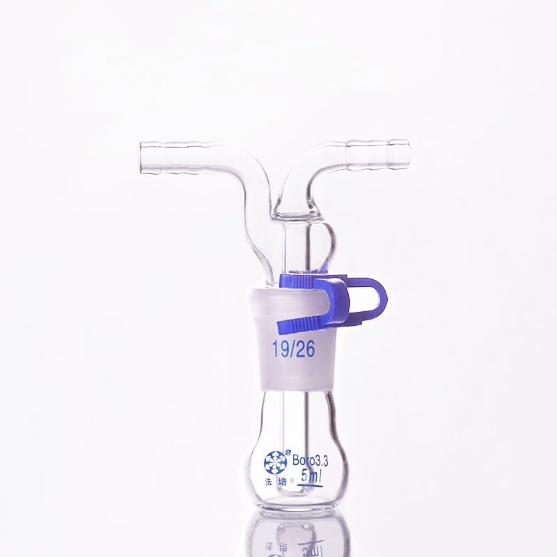 Gas Washing Flat-Bottom Bottle 5mL, Ground Mouth 19/26, Lab Glass Gas Washing Bottle muencks, with Plastic Clip