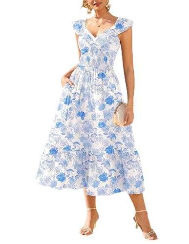 Image of GRACE KARIN Women's Summer Floral Maxi Dress 2026 Ruffle Sleeve Smocked Sundress Flowy Wedding Guest Long Dresses with Pocket