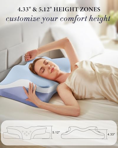 Cervical Pillow for Neck Pain Relief, Cooling Ergonomic Memory Foam Pillows for Sleeping with Luxury Anti-pilling Pillowcase, Contour Orthopedic Neck Support Pillow for Side Back Stomach Sleepers-Blue