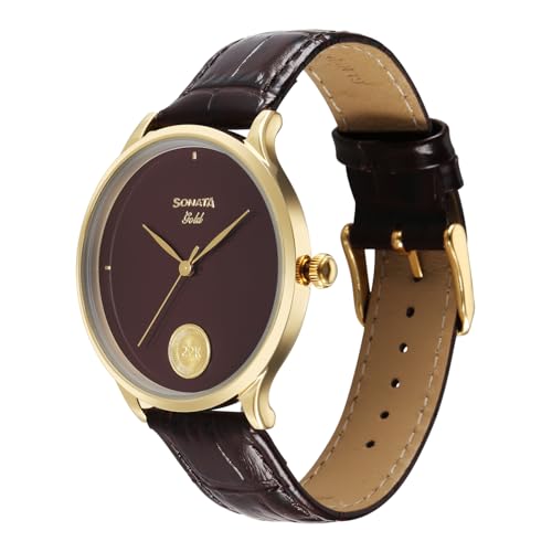 Image of Sonata Gold with Quartz Analog Regal Maroon Dial with 0.15 Gm 22 Karat Tanishq Gold Coin On Dial Brown Leather Strap Watch for Men - 7153YL03