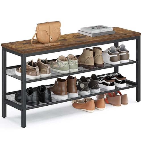 VASAGLE 3 Tier Shoe Rack Bench, One Piece Shelves...