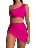 OYOANGLE Women's Bikini Sets 3 Piece Bathing Suits One Shoulder Swimsuits with Cover Up Skirt Hot Pink Large