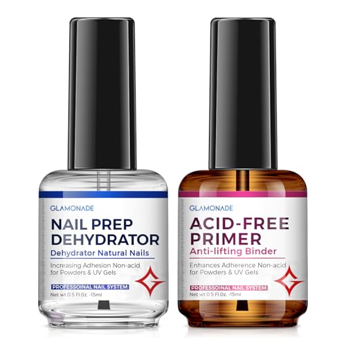 Glamonade Nail Dehydrator and Acid-Free Primer: Professional Prep Dehydrate and Natural Bond Primer for Acrylic Powder & UV Gels | 15ml Fast Dry Nail Supplies Set