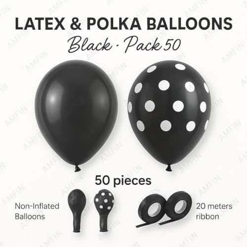 Image of AMFIN (Pack of 50) Polka Dot Black & Solid Latex Black Party Balloons - Birthday Wedding, Baby Shower, Anniversary, Graduation, Halloween, New Year Decorations