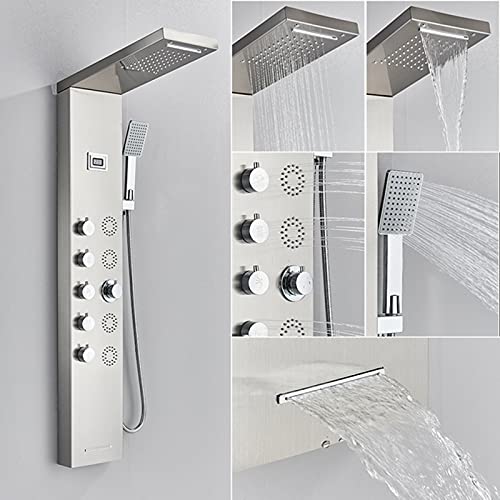 Columna de Ducha 5 en 1 de Acero Inoxidable SUS304 con 4 Chorros de Hidromasaje, Ducha Lluvia y Cascada, Duchador de Mano y Salida para Bañera, Acabado Mate miniatura 5