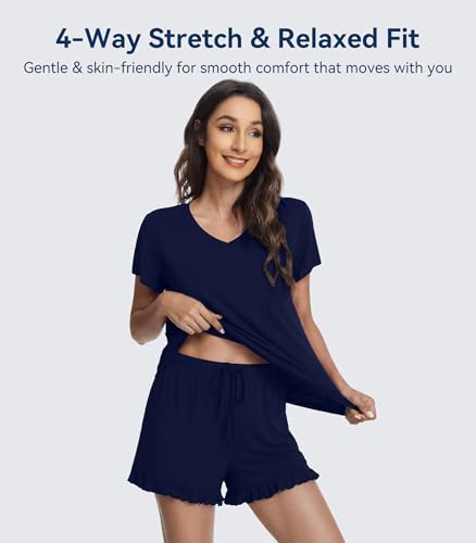 Image of WiWi Womens Pajamas Set Bamboo Viscose Super Soft Short Sleeve Top Ruffle Shorts Sleepwear Cooling Pj Sets S-XXL