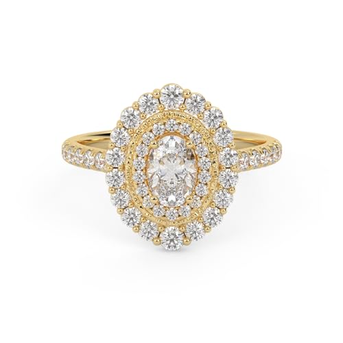 SAVEARTH DIAMONDS Double Halo Solitaire Engagement Rings for Women, Center 6x4MM Oval and Round Cut Lab Created Moissanite Ring In 10K / 14K Solid Gold OR 925 Sterling Silver