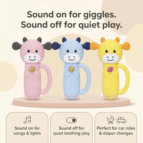 MooMoo Baby Musical Toy, 4‑in‑1 Light‑Up Sensory Toy & Teether for 3–24 Month Babies, BPA‑Free with Easy‑Grip Handle, Cute Cow‑Shaped Travel Toy for Car Seat & Stroller (Yellow) by Moo Moo by Knorberg - Used condition - Image 3
