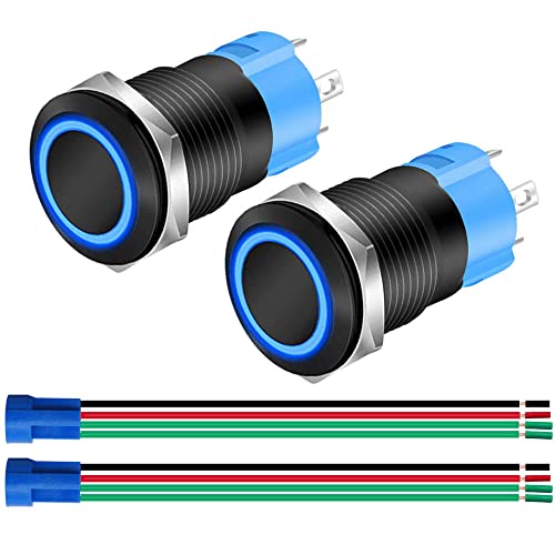 Gebildet 2pcs 12mm in Metal Negro Pulsador Momentáneo 12V-24V 3A LED Normalmente Abierto SPST Encendido/Apagado Impermeable con Enchufe de Cable (LED Azul)
