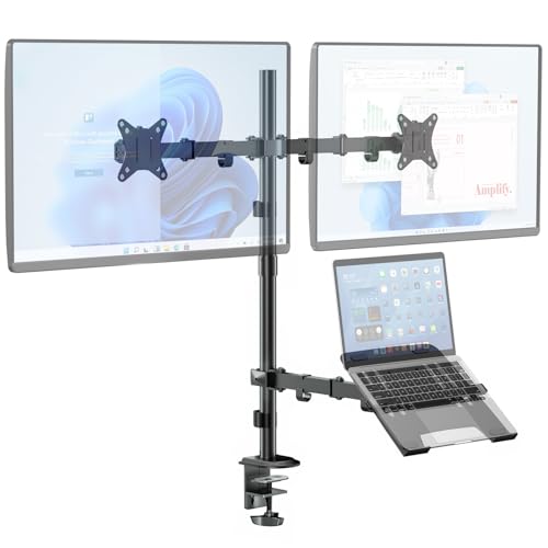 IMtKotW Dual Monitor Stand and Laptop Mount Fit Two 17 to 32 Inch Monitor and 10 to 17 Inch Laptop,Extra Tall Adjustable Stand,19.8 lbs Weight Capacity per Arm,Black