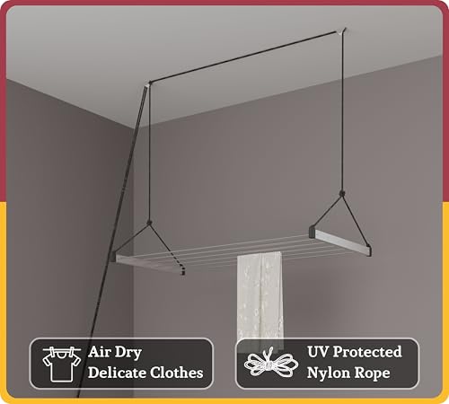 Image of Amiraj Ceiling Mounted Clothes Drying Stand | Heavy Duty Stainless Steel Ceiling Cloth Dryer | UV Protected Nylon Rope | 6 Pipes, 4 Feet | Space Saving Laundry Rack for Balcony & Indoor
