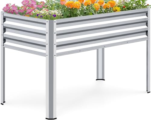KING BIRD Large Raised Garden Bed with Legs Galvanized Elevated Planter Box 48×24×32 in for Backyard, Patio, Balcony, 400lb Capacity, Silver