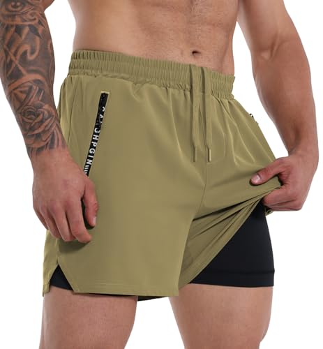 Canghpgin Mens 2 In 1 Workout Shorts Quick Dry Gym Running Shorts Men Sports Exercise Athletic Shorts With Liner Khaki/Black cover