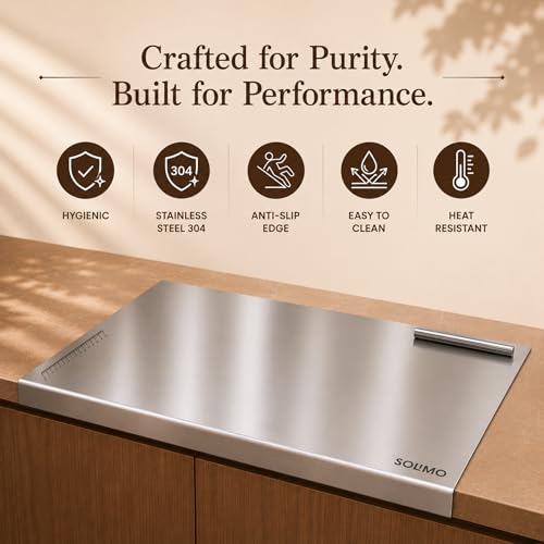Image of Amazon Brand - Solimo Countertop Chopping, Slicing, Kneading Board | Stainless Steel | Round Edge | for Vegetables, Fruits (L)