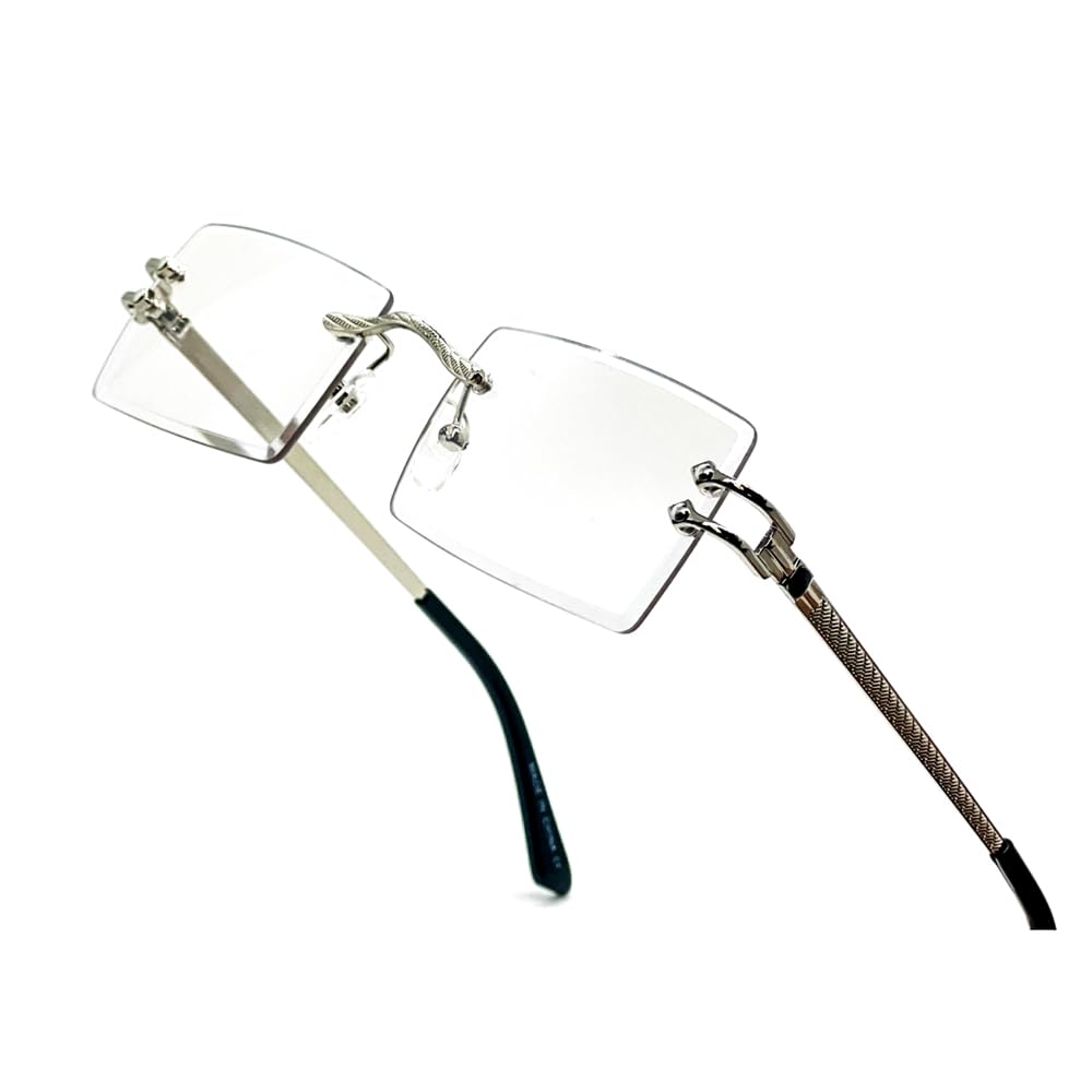 Men's Silver Metal Wire Frame Vintage Rectangle Retro Rimless Square Clear Lens Rectangular Frameless Luxury Fashion Eyeglasses Hip Hop Glasses For Men