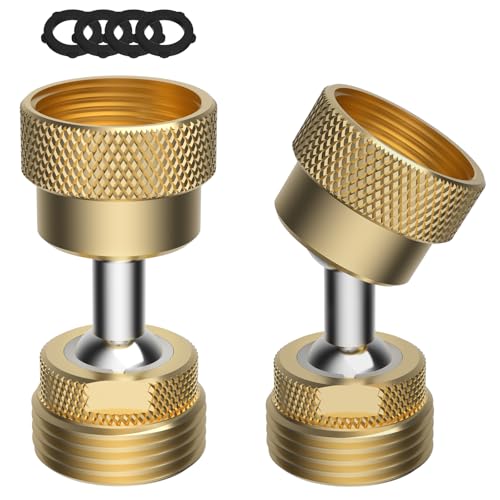 Image of 2 Pack All-Metal Garden Hose Adapter, Swivel 3 /4 inch GHT Hose Protector, Brass | Male Female Thread, Flexible Pipe Kink Protector, Dual Rotation, Female to Male, Outdoor Faucet Compatible