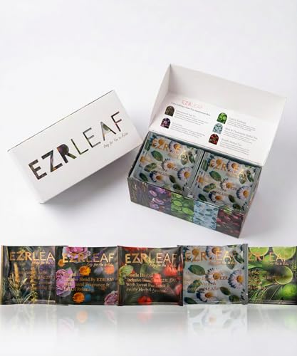 Caffeine-Free Herbal Tea Sampler by Pura EZR Leaf, 22ct Pyramid Tea Bags, Floral & Fruit Tea Gift Set with Lemon Verbena, Chamomile Mint, Dreamland & Roselle, Bedtime Tea Variety Gift Set