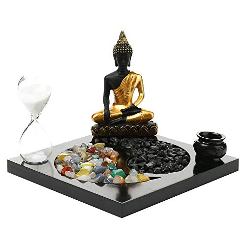 Tmore Sitting Buddha Candle Holders Zen Garden Tabletop Vintage Incense Holders White Sand and Natural Stone Rattan Incense Gift Set (with Hourglass)