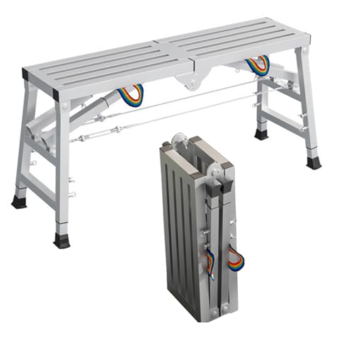 Ponteggio Pieghevole, Piattaforma di Lavoro Portatile Regolabile in Altezza, Sgabello Multifunzionale Antiscivolo per Lucidatura Auto, Pulizia Finestre e Giardinaggio-Silver||200-40cm