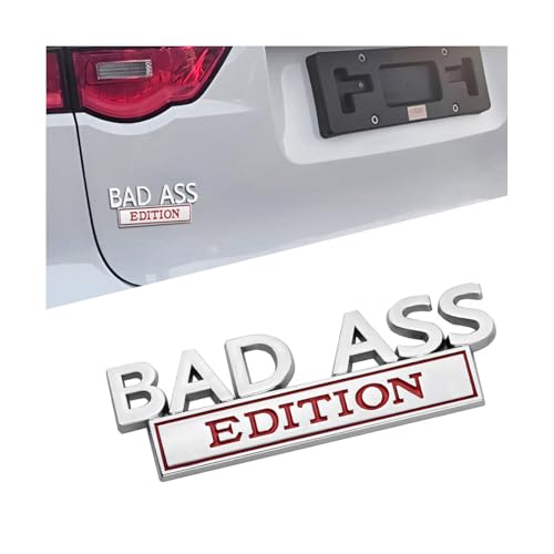 Image of Car Bad Ass Edition Emblem, 3D Fender Badge Auto Sticker with 3M Adhesive, Vehicle Exterior Decal Accessories for Tailgate Front Grille Hood Trunk, Universal for RV, SUV, Truck (Silver /Red)
