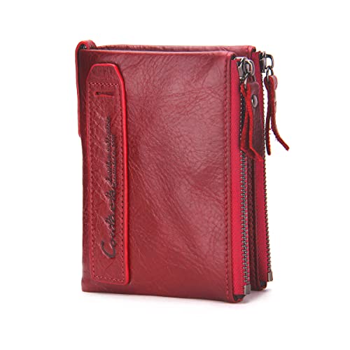 Image of CONTACTS Soft Leather Wallet for Women Small Bifold Coin Purse Double Zipper Card Holder with RFID Blocking (Red)