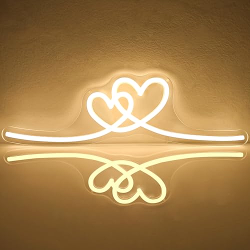 Image of Double Heart Neon Signs for Wall Decor Twin Hearts Led Sign Dimmable Warm White Neon Heart Sign Love Decorations for Girls Minimalist Bedroom(16.3 inchx 4.33 inch)