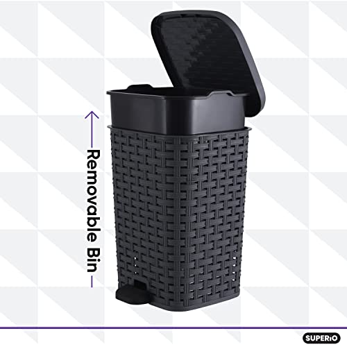 Image of Superio Mini Trash Can with Foot Pedal Small Outdoor Garbage Can with Lid, 3 Gallon Plastic Waste Basket for Bathroom, Bedroom, Kitchen, Office, Patio (Wicker Grey 12 QT.)