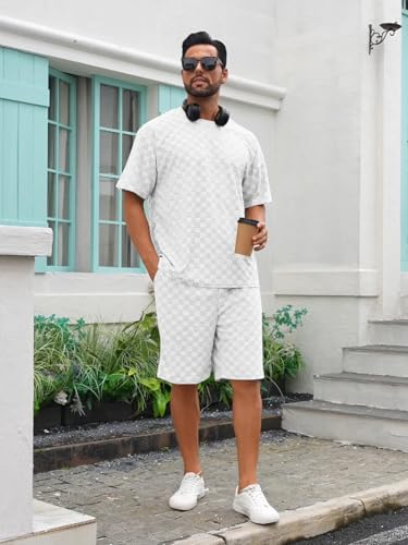 Men's 2 Piece Set Summer Outfits Casual Geometric Texture Short Sleeve Shirt and Shorts Track Suits for Men Set3