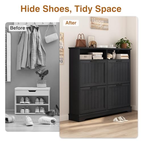 Image of Hidden Shoe Storage Cabinet with 4 Flip Drawers & Open Storage