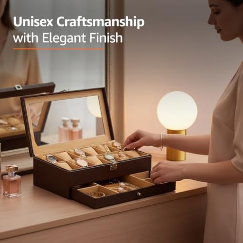 Image of Amazon Basics Sliding Drawer 12-Slot Watch and Jewelry Organizer - Faux Leather & MDF Storage Box for Men and Women, Brown