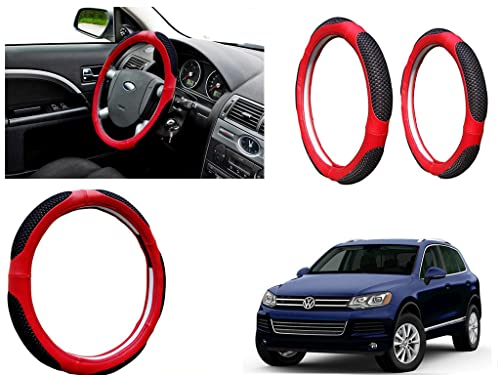 Image of Microfiber Car Steering Wheel Cover, Soft Padding Great Hand Feel, Anti-Slip, Faux Leather Steering Cover for Volkswagen Touareg | Black Red Jali - Pack of 1