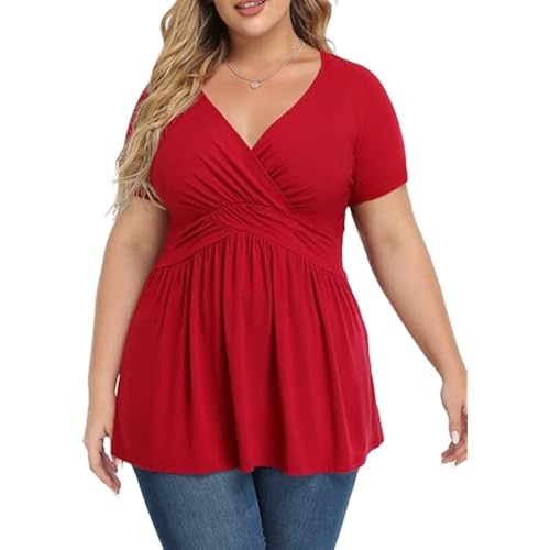TIANZHU Women's Plus Size Short Sleeve Tops V Neck Casual Cute Tunic Top