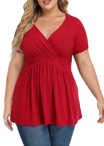 TIANZHU Plus Size Tops For Women Peplum Tunic Top Empire Waist Shirt Short Sleeve Babydoll Blouse Top Low Cut Big Red XL